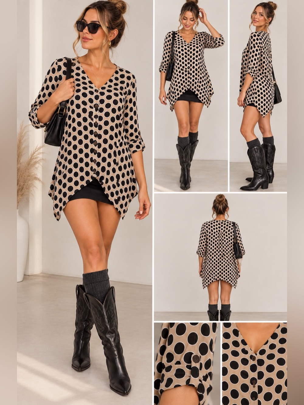 Verve Ami Tan Black Polka Dot Button Down Top XL